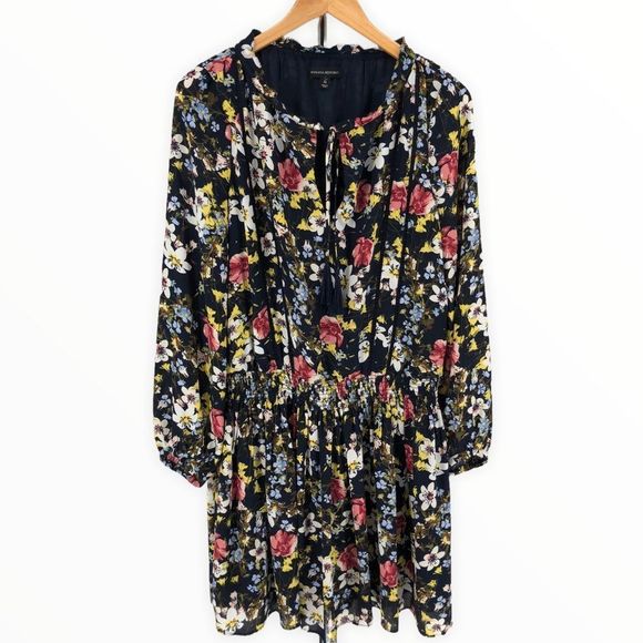 Banana Republic Black Floral Valeri Long Sleeve Ladder Stitch Smocked Dress sz M - Picture 2 of 12